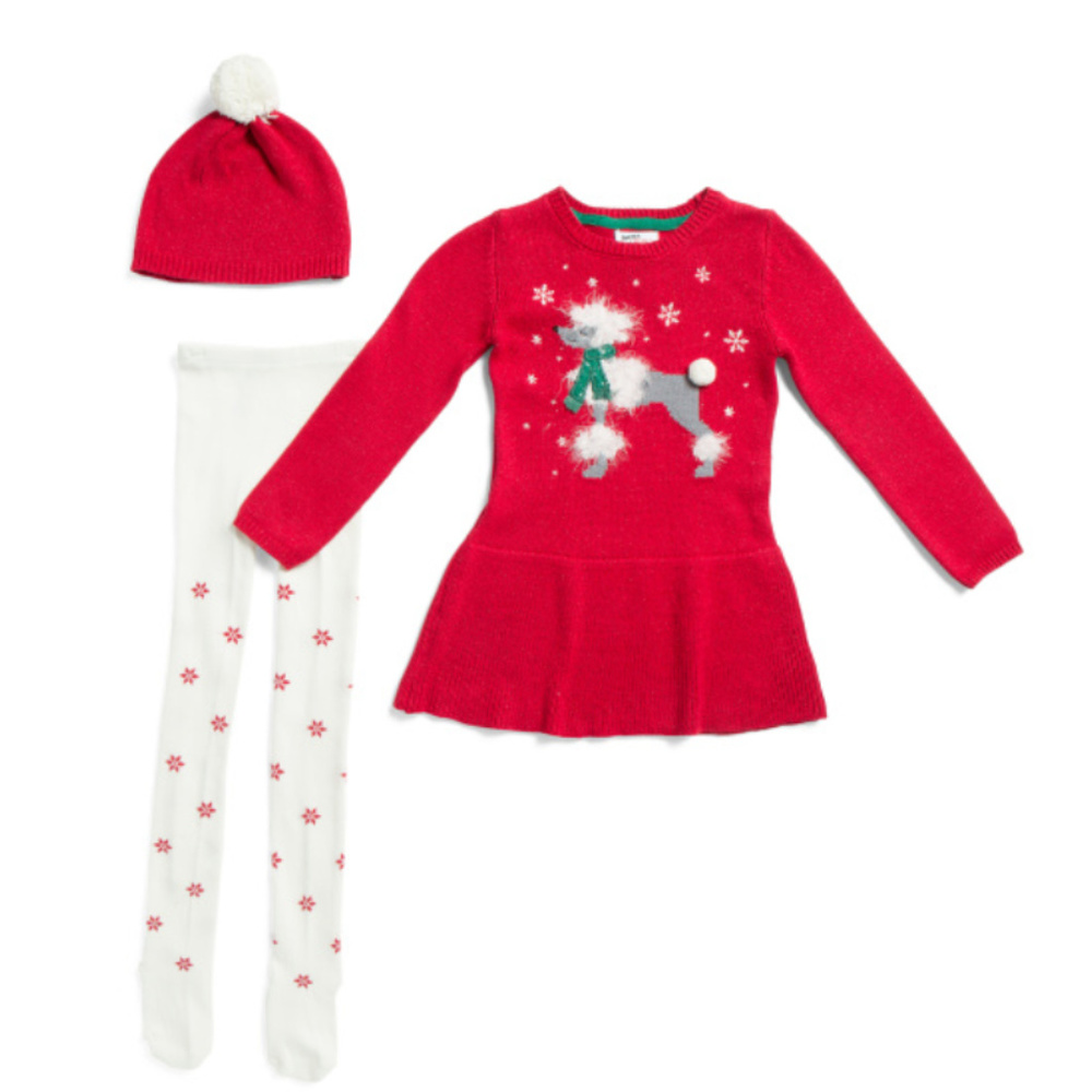 Eyelash Poodle Sweater Dress Hat Tights Red White